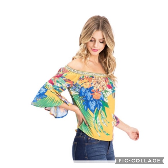 Flying Tomato Mustard Floral Off-The-Shoulder Top Size Medium - Picture 2 of 15